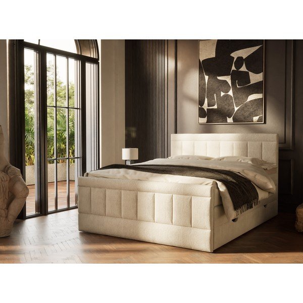 Pat boxspring bej cu spațiu de depozitare 160x200 cm Caya – Maison de Rêve-image-1