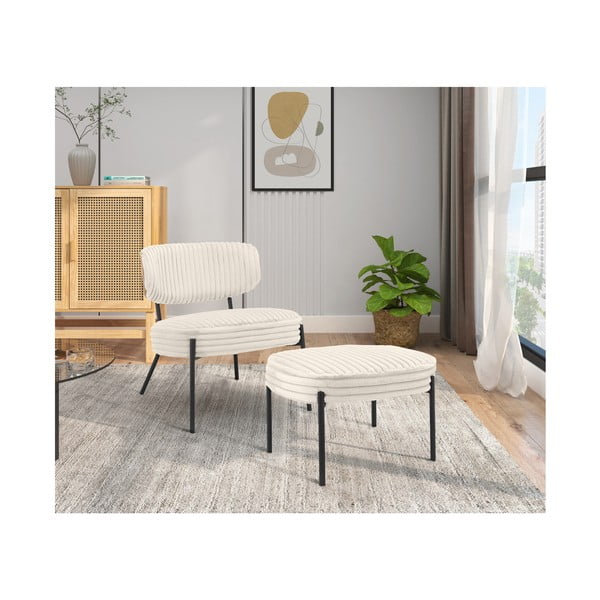 Fotoliu cu taburet crem cu tapițerie din catifea reiată Jerry – Støraa-image-2