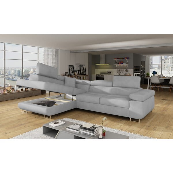 Colțar gri deschis extensibil/cu spațiu de depozitare cu tapițerie din catifea (cu colț pe partea stângă/în formă de ”L”) Anton – ELTAP-image-4