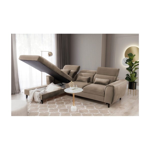 Colțar maro deschis extensibil/cu spațiu de depozitare cu tapițerie din catifea (cu colț pe partea stângă/cu șezlong) Foble – ELTAP-image-4