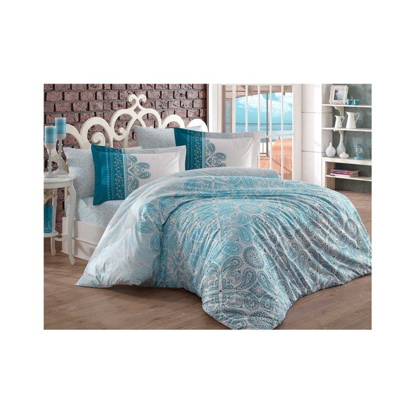Lenjerie de pat din bumbac poplin cu cearșaf Kento Azul, 160 x 220 cm