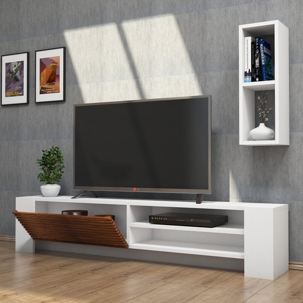 Set comodă TV și poliță perete cu detalii cu aspect de lemn de nuc Muzzo Pina, alb-image-1