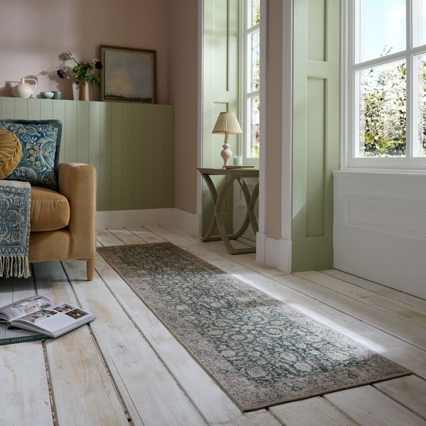Covor tip traversă verde lavabil 60x230 cm Beau Floral – Flair Rugs-image-1