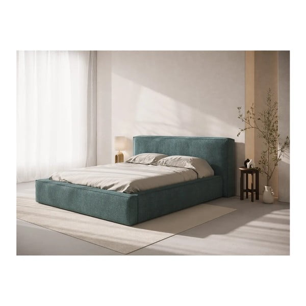 Pat matrimonial albastru tapițat cu spațiu de depozitare cu somieră 160x200 cm Simon Olivia – Micadoni -image-1