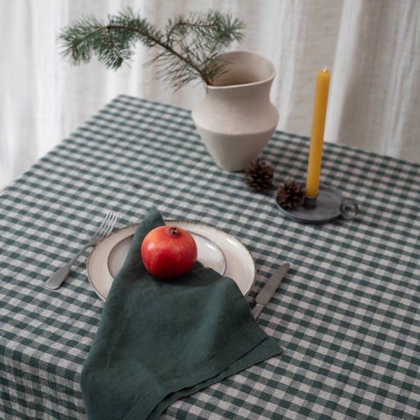 Față de masă din in 140x250 cm Forest Green Gingham – Linen Tales-image-1