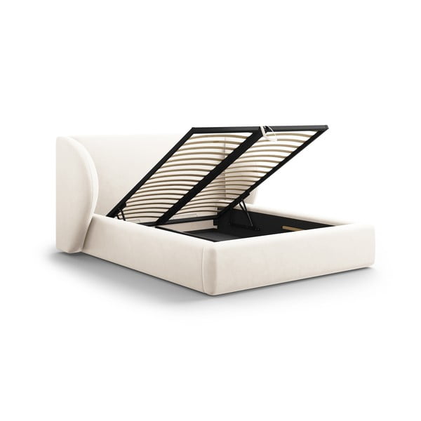 Pat dublu bej tapițat cu spațiu de depozitare și somieră 180x200 cm Miley – Micadoni Home-image-3