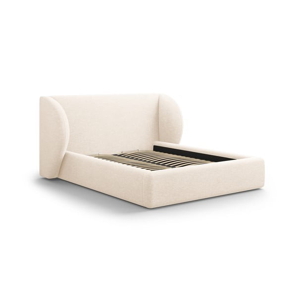 Pat matrimonial crem tapițat cu spațiu de depozitare cu somieră 160x200 cm Miley – Micadoni 