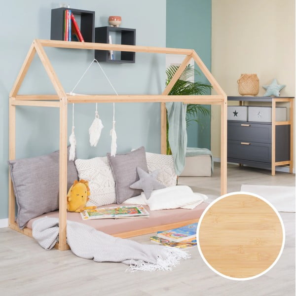Pat pentru copii  în culoare naturală de tip casă 70x140 cm Montessori – Roba-image-1