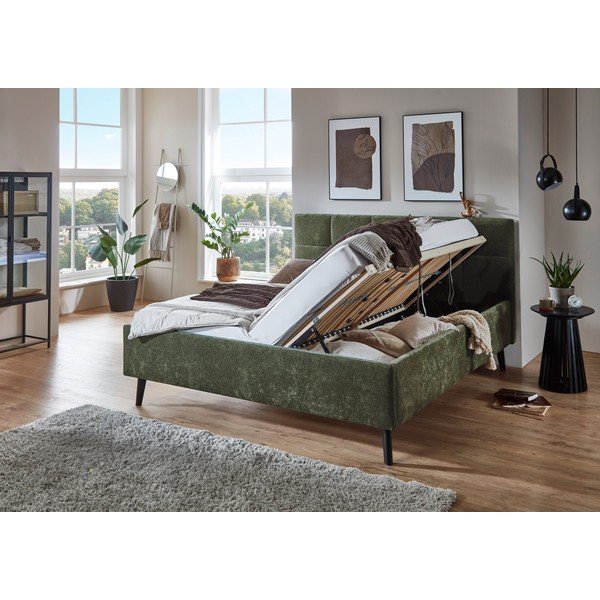 Pat matrimonial kaki tapițat cu spațiu de depozitare cu somieră 180x200 cm Nova – Meise Möbel-image-2