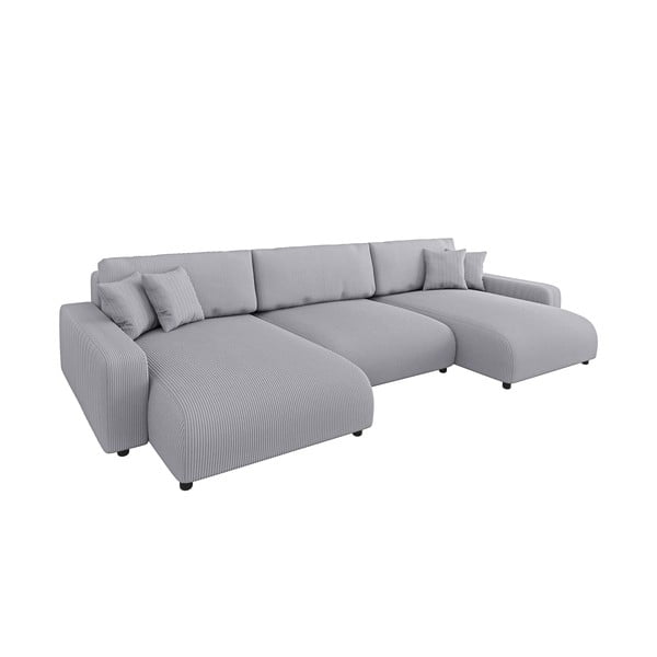 Colțar gri deschis extensibil, cu spațiu de depozitare, cu tapițerie din catifea reiată Sara – Ropez