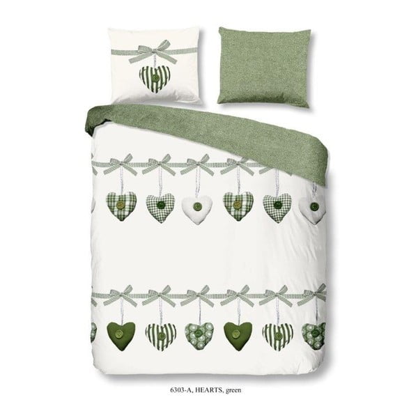 Lenjerie de pat din bumbac Good Morning Hearts, 200 x 240 cm, alb-verde