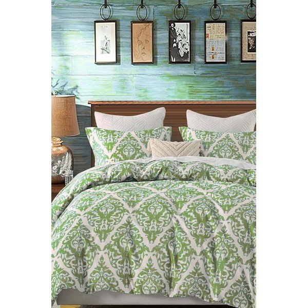 Lenjerie de pat verde/gri din bumbac ranforcé pentru pat dublu/extinsă cu cearceaf inclus/cu 4 piese 200x220 cm Damask – Mila Home