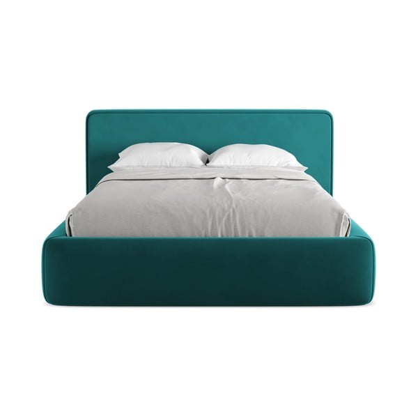 Pat matrimonial turcoaz tapițat cu spațiu de depozitare cu somieră 140x200 cm Kiana – Makamii-image-4