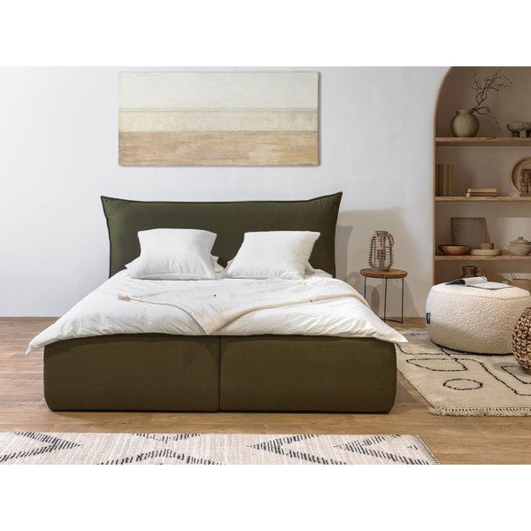 Pat matrimonial verde închis tapițat cu spațiu de depozitare cu somieră 180x200 cm Jade – Bobochic Paris-image-1