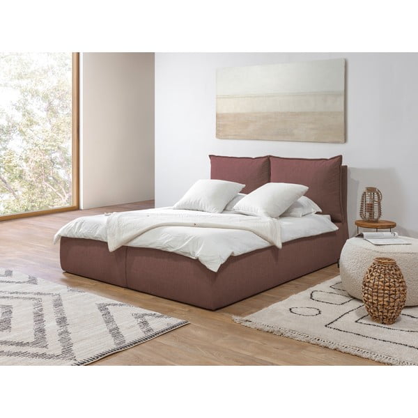 Pat matrimonial roz tapițat cu spațiu de depozitare cu somieră 160x200 cm Garance – Bobochic Paris-image-4