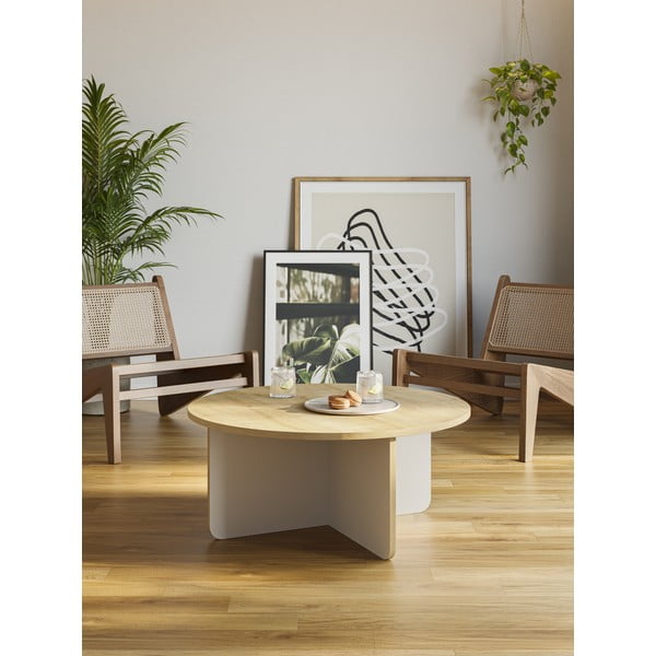 Măsuță de cafea crem/în culoare naturală rotundă cu blat cu aspect de lemn de stejar ø 80 cm Hillary – Marckeric-image-1