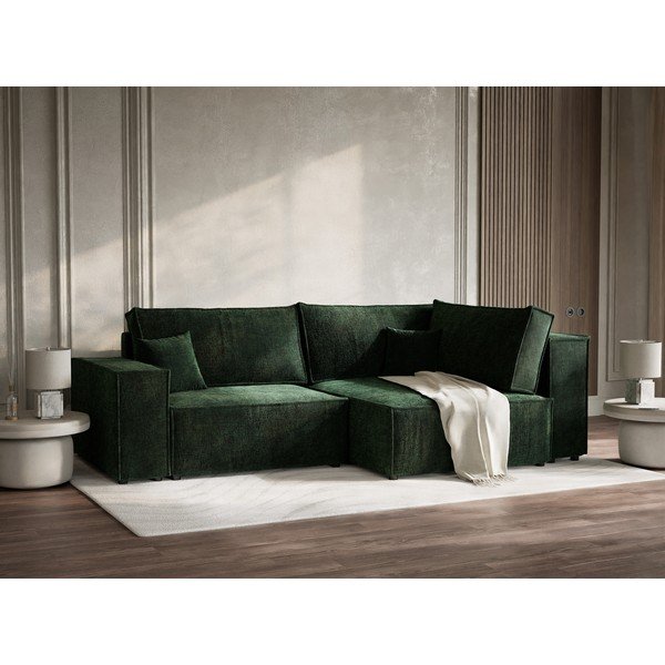 Colțar verde închis extensibil/cu spațiu de depozitare cu tapițerie din chenille (cu colț pe partea dreaptă/în formă de ”L”) Tonga – Maison de Rêve-image-1