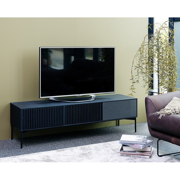 Masă TV din lemn de stejar și bază metalică Canett Oxford, lățime 160 cm, negru-image-1