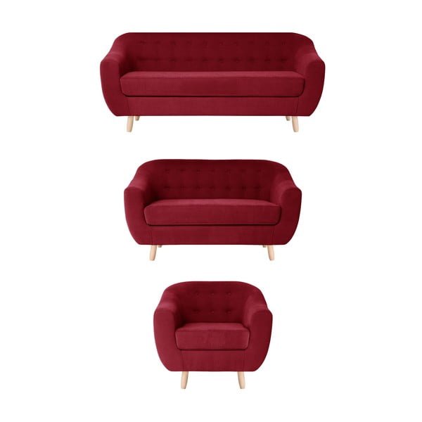 Set fotoliu și 2 canapele pentru 2 și 3 persoane Jalouse Maison Vicky, roșu clasic
