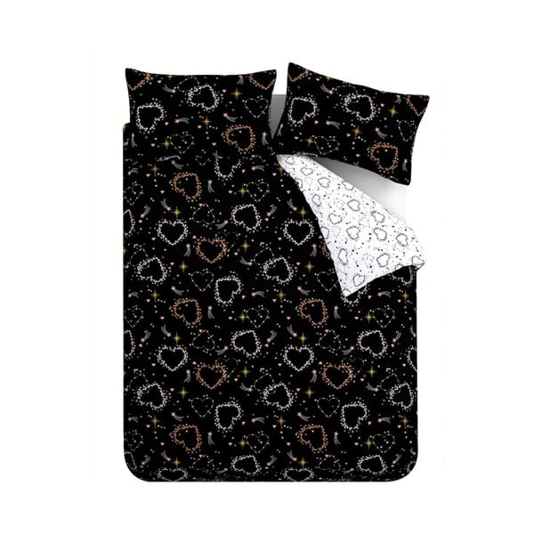 Lenjerie de pat neagră-albă pentru pat dublu 200x200 cm Cosmic Hearts and Stars – Catherine Lansfield-image-2