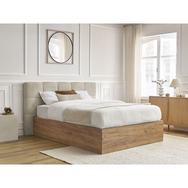 Pat matrimonial bej tapițat/din  placă aglomerată de lemn tapițat cu spațiu de depozitare cu somieră 160x200 cm Kumo – Bobochic Paris-image-2