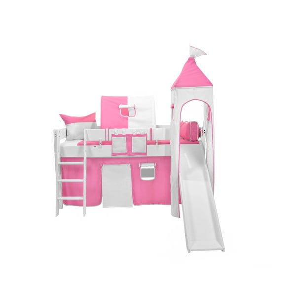 Pătuț alb cu tobogan pentru copii și set roz-alb din bumbac Mobi furniture Luk, 200 x 90 cm