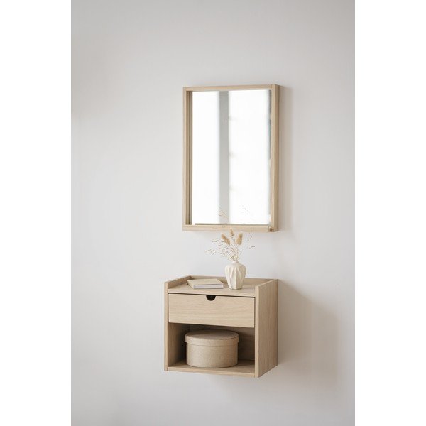 Noptieră în culoare naturală suspendată/cu rafturi din lemn masiv de stejar Hillmond – Rowico-image-1