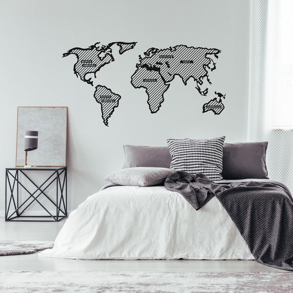 Decorațiune metalică de perete World Map In The Stripes, 120 x 65 cm, negru