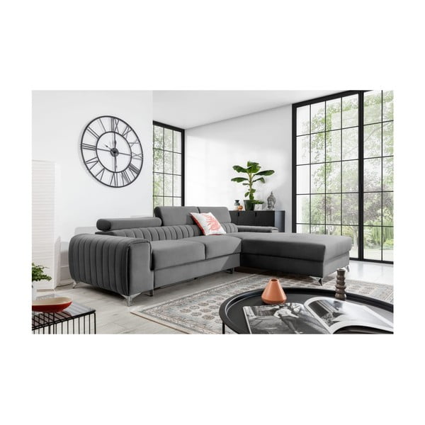 Colțar gri extensibil/cu spațiu de depozitare cu tapițerie din catifea (cu colț pe partea dreaptă/cu șezlong) Grayson – ELTAP-image-1