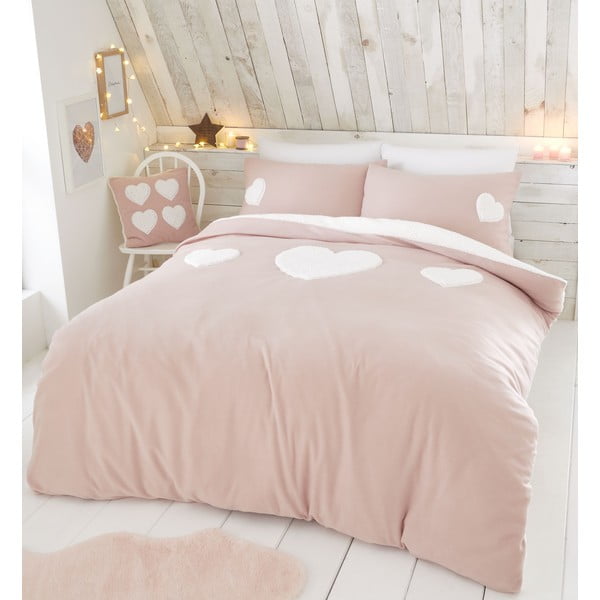 Lenjerie de pat din fleece Catherine Lansfield, 135 x 200 cm, roz, motive inimă