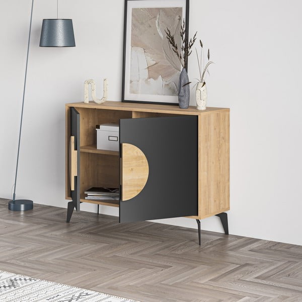 Comodă neagră/în culoare naturală joasă cu aspect de lemn de stejar 110x82 cm Vae – Marckeric-image-4