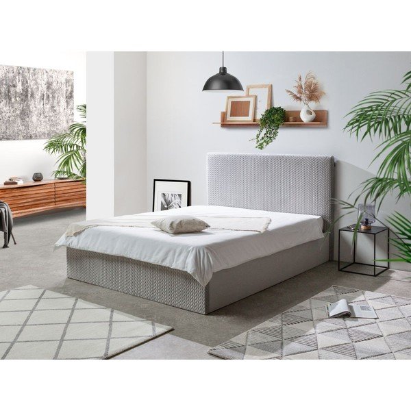 Pat matrimonial 160x200 cm gri tapițat cu spațiu de depozitare cu somieră Adele – Bobochic Paris-image-1