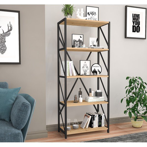 Bibliotecă neagră/cu aspect de lemn de pin 64x150 cm Eser – Gauge Concept-image-1