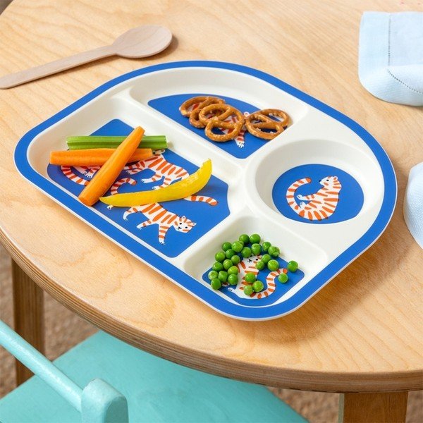Farfurie pentru copii albastră/bej din plastic 21x27 cm Tiger – Rex London-image-1
