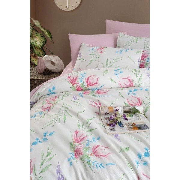 Lenjerie de pat albă/roz pentru pat dublu/extinsă cu cearceaf inclus/cu 4 piese 200x220 cm Leaves – Mila Home-image-1
