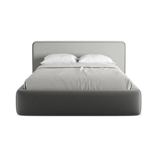 Pat matrimonial gri tapițat cu spațiu de depozitare cu somieră 140x200 cm Kiana – Makamii-image-4