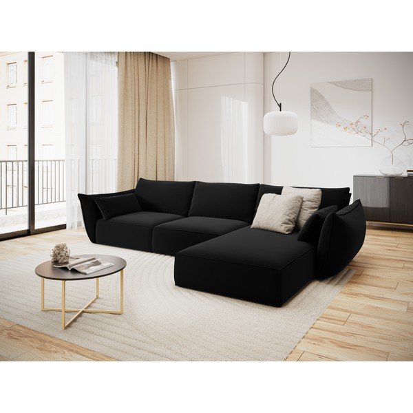 Colțar negru cu tapițerie din catifea (cu colț pe partea dreaptă, cu șezlong) Vanda – Mazzini Sofas-image-1