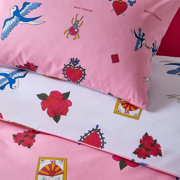 Lenjerie de pat albă-roz din bumbac pentru pat de o persoană 135x200 cm Mon Coeur – Their Nibs-image-4