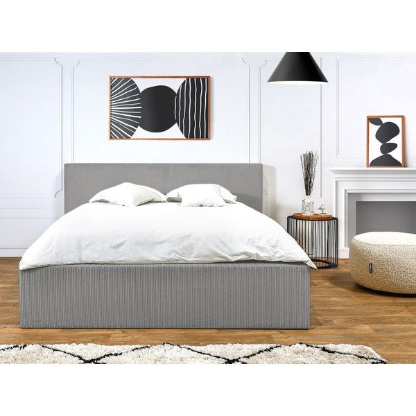 Pat matrimonial gri deschis tapițat cu spațiu de depozitare cu somieră 160x200 cm Nihad – Bobochic Paris-image-2