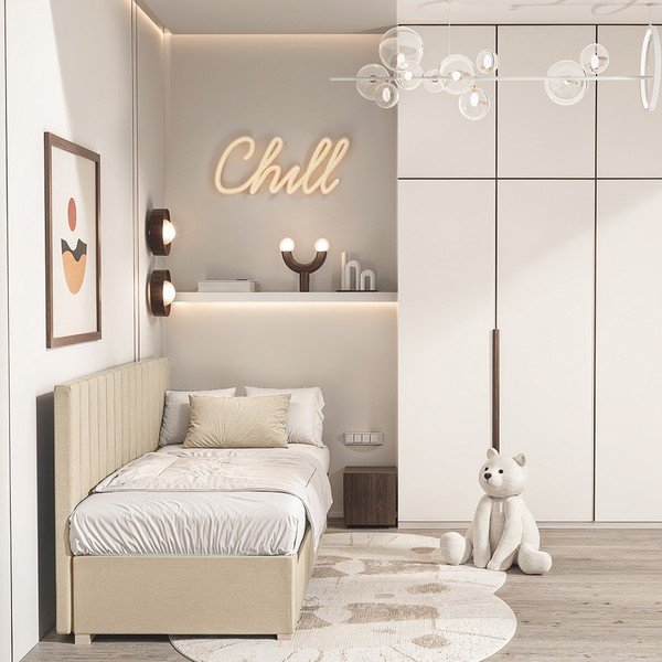 Pat pentru copii  bej cu spațiu de depozitare cu saltea 90x200 cm Chill – Ghado-image-1