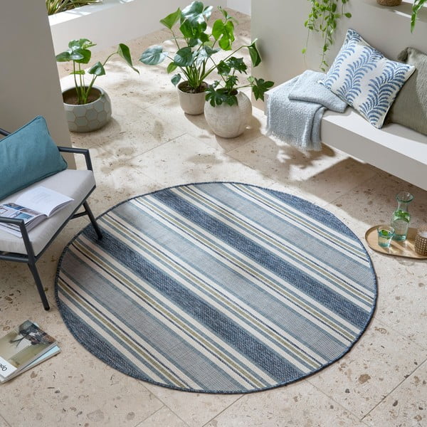 Covor pentru exterior și interior albastru-verde rotund ø 160 cm Roma Stripe – Flair Rugs-image-1