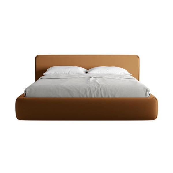 Pat matrimonial teracotă tapițat cu spațiu de depozitare cu somieră 180x200 cm Kiana – Makamii-image-4