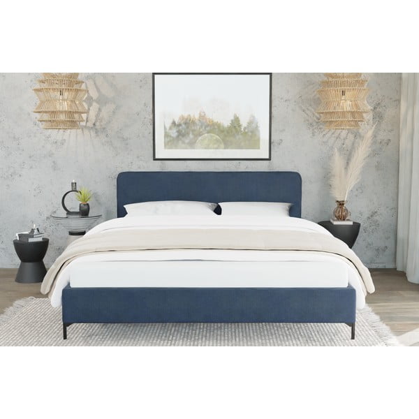 Pat matrimonial albastru închis tapițat cu somieră 160x200 cm Barker – Ropez-image-3
