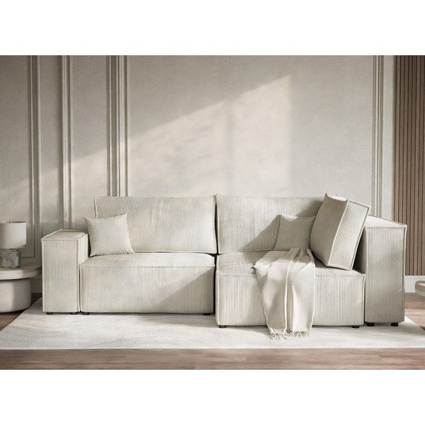 Colțar crem extensibil/cu spațiu de depozitare cu tapițerie din catifea reiată  (cu colț pe partea dreaptă/în formă de ”L”) Tonga – Maison de Rêve-image-1