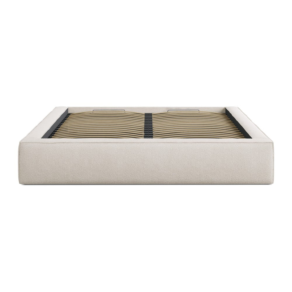 Pat matrimonial crem tapițat cu spațiu de depozitare cu somieră 200x200 cm Simon – Micadoni