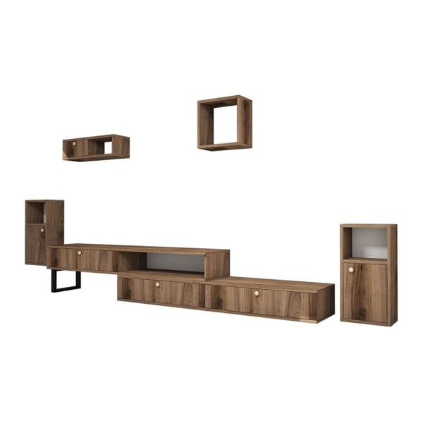Set comodă TV și 4 rafturi perete cu aspect de lemn de nuc Ratto Lux