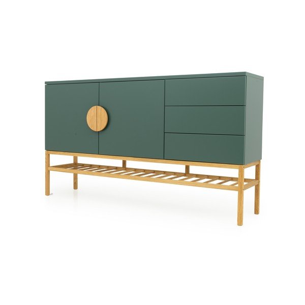 Dulap cu 2 uși și 3 sertare și picioare din lemn de stejar Tenzo Scoop, lățime 176 cm, verde-image-2