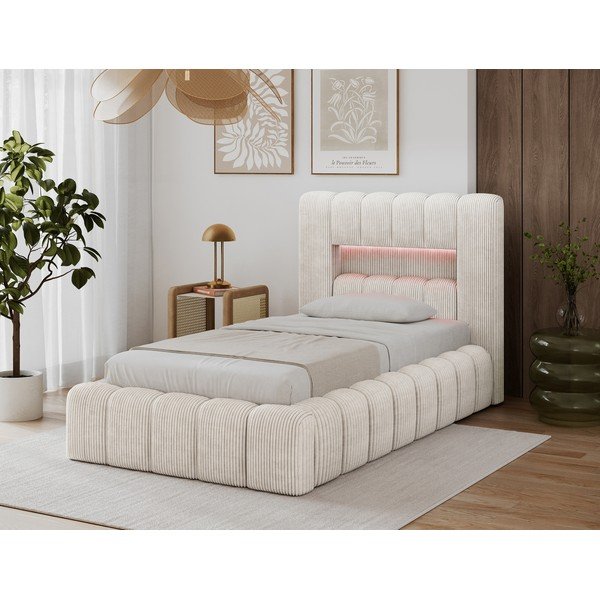 Pat bej tapițat cu spațiu de depozitare cu somieră 90x200 cm Lamica – ELTAP-image-1