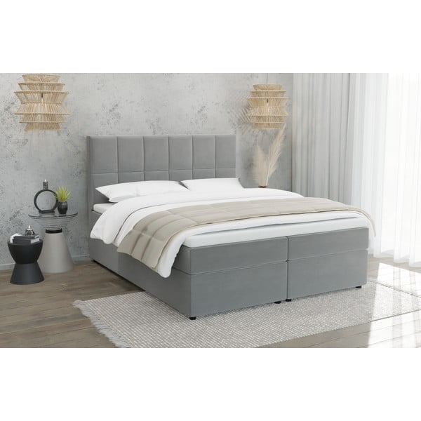 Pat boxspring gri deschis cu spațiu de depozitare 200x200 cm Flip – Ropez-image-1