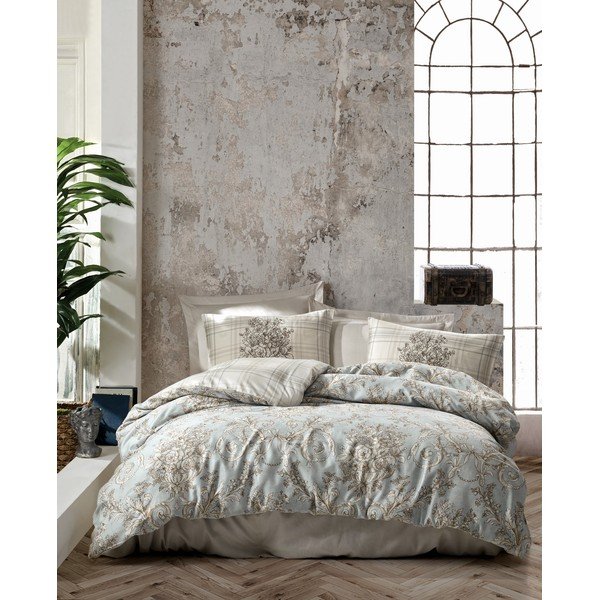 Lenjerie de pat albastru-deschis/bej din bumbac satinat pentru pat dublu/extinsă 240x220 cm Terry – Mijolnir-image-1